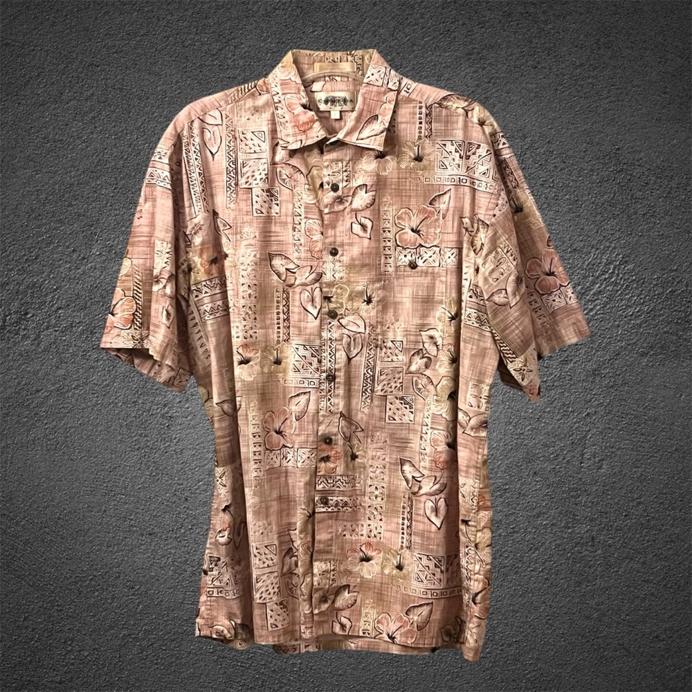 Campia Moda Hawaiian Floral Mauve Tan Resort-wear Short-Sleeve Vtg Shirt Perfect